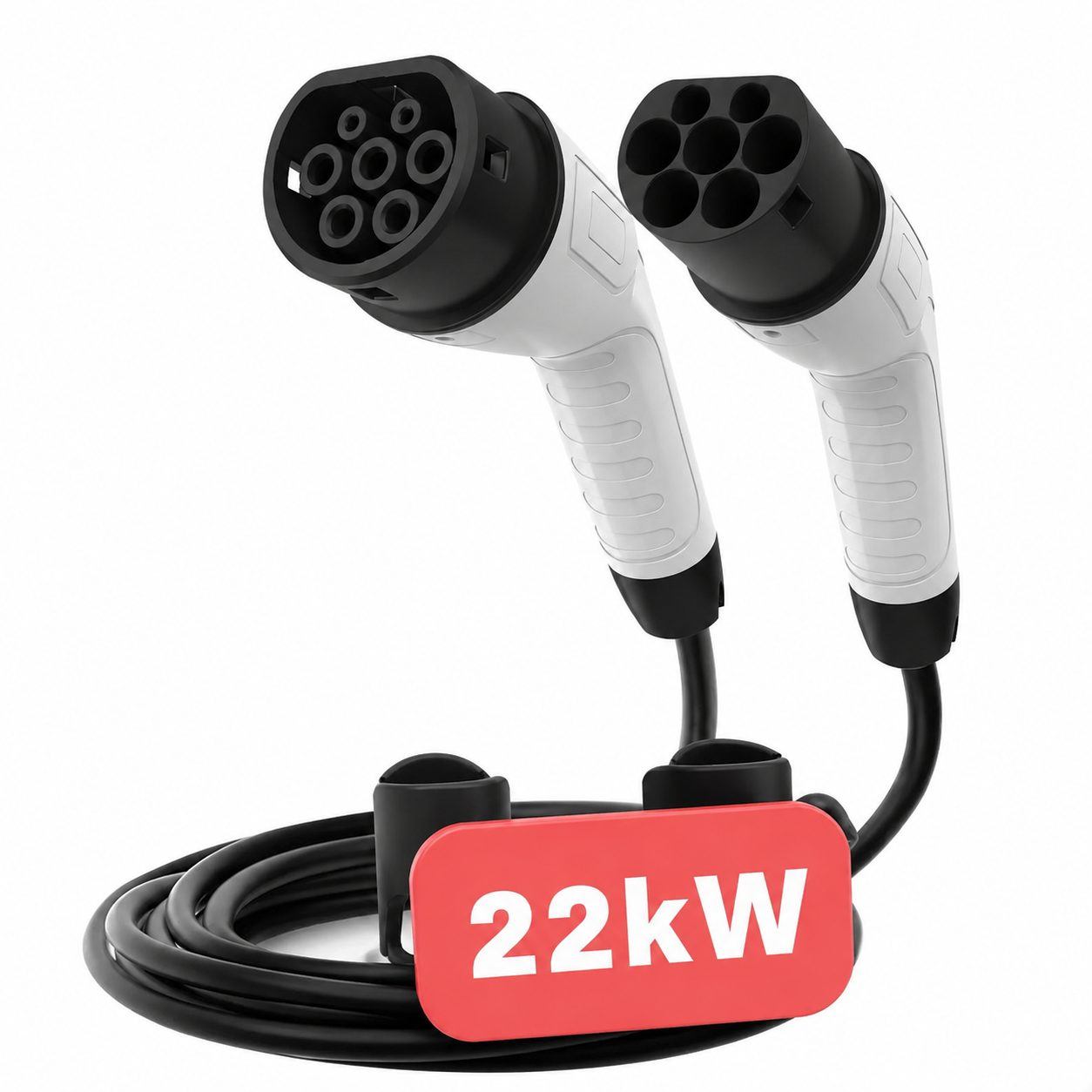 Electric vehicle charging cable with '22kW' label on a white background