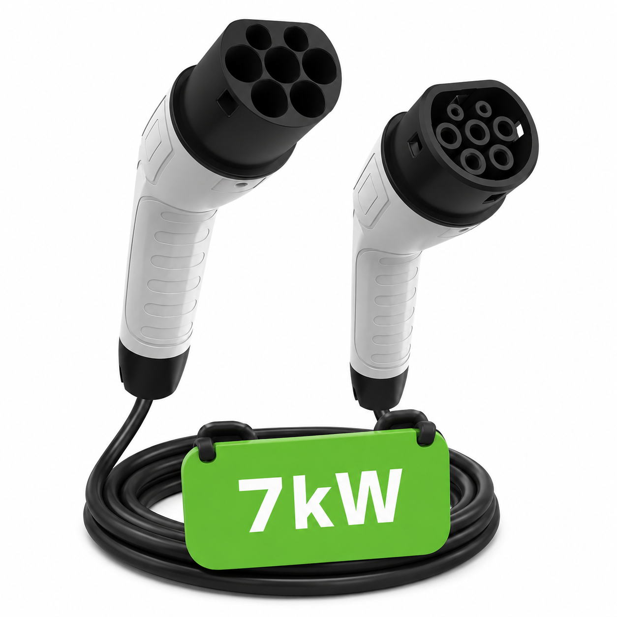 Electric vehicle charging cable with '7kW' label on a white background