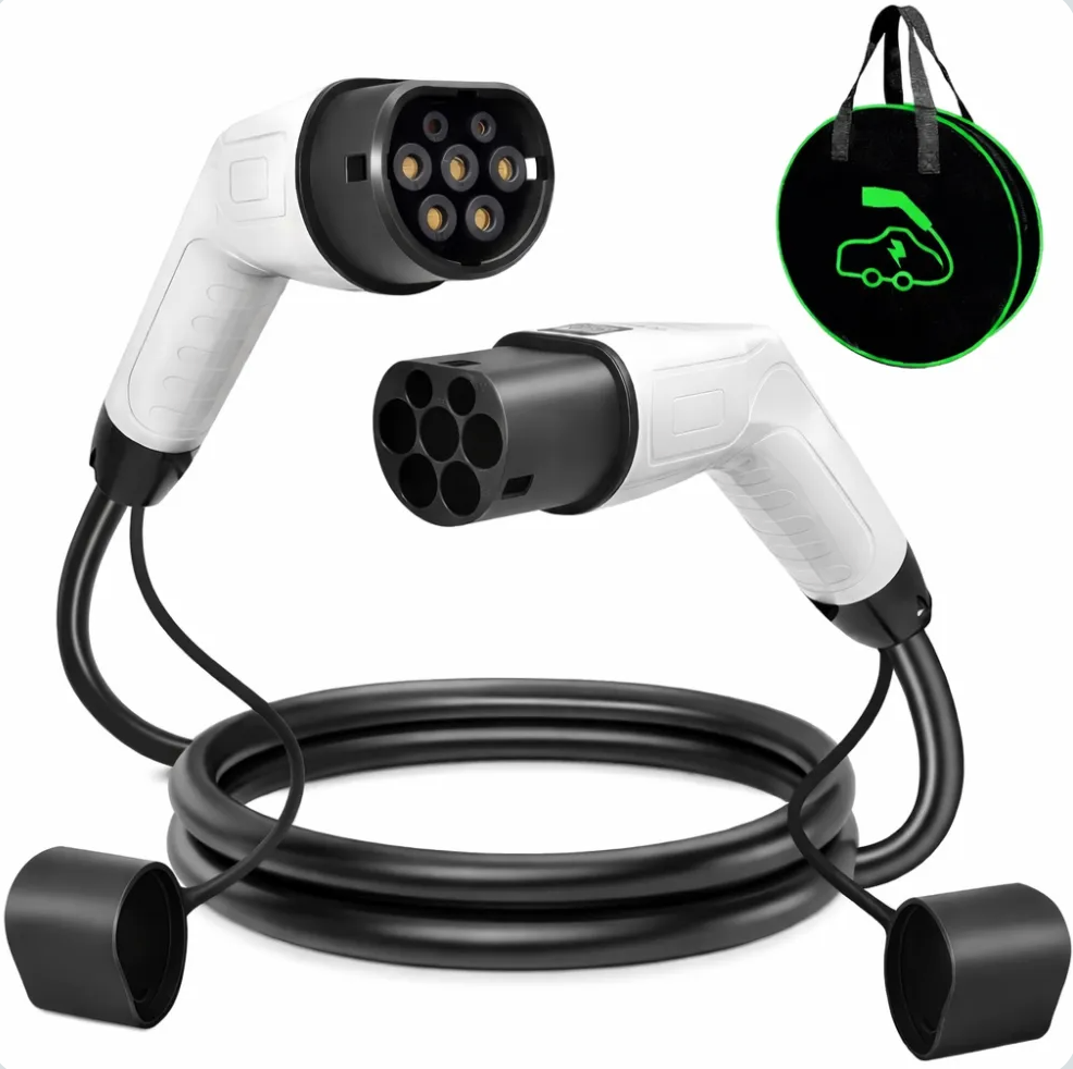 Electric vehicle charging cable with connectors on a white background